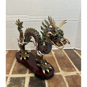 Vintage Chinese Cloisonne Enamel Gilt Brass Dragon 11 1/2" X 8 3/4" Multicolor